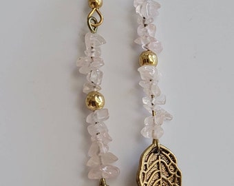 Gold Leaf Earrings, Gifts for Her, Statement Earrings, Beaded Earrings, Rose Quartz Jewelry, Healing Chip Stones, Pink Bohemian Earrings