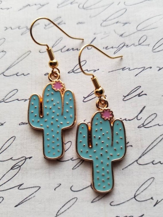 Blue Cactus Earrings Gifts for Her Statement Earrings Cactus