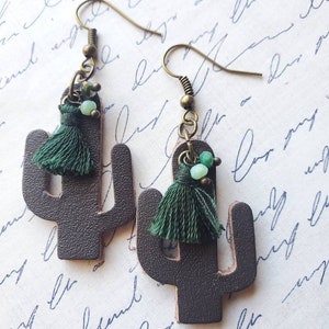 Brown Leather Cactus Earrings, Cacti Jewelry, Beaded Tassel Earrings, Gifts for Her, Western Statement Earrings, Plant Jewelry, Desert Gift