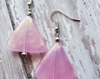 Boho Chic Pink and Silver Earrings, Unique Pink Earrings, Triangle Pink and Silver Earrings, Gifts for Her, Dainty Summer Earrings, Geo