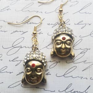 SALE, Gold Crystal Buddha Earrings Small Dangle Earrings Gifts for Her Statement Earrings Oriental Jewelry Buddha Charms Bking Earrings