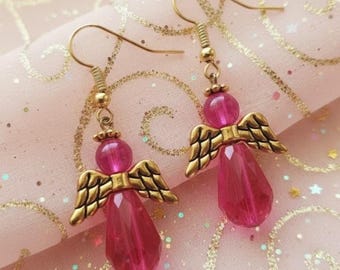Pink Angel Earrings Drop Earrings Gifts for Her Statement Earrings Angel Wings Gold Earrings Angel Jewelry Religious Gifts Crystal Angel