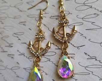 Gold Anchor Earrings, Gifts for Her, Statement Earrings, Crystal Teardrop Earrings, Beach Inspired, Sailor Earrings, Anchor Lovers, Dainty