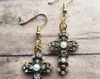 Cross Earrings Gifts for Her Statement Earrings Gold Dangle Earrings Religious Gifts Small Cross Earrings Pearl Earrings Crystal Earrings
