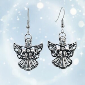 SALE, Silver Angel Earrings Gifts for Her Statement Earrings Angel Charms Crystal Earrings Small Earrings Guardian Angel Religious Jewelry