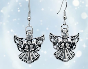 SALE, Silver Angel Earrings Gifts for Her Statement Earrings Angel Charms Crystal Earrings Small Earrings Guardian Angel Religious Jewelry