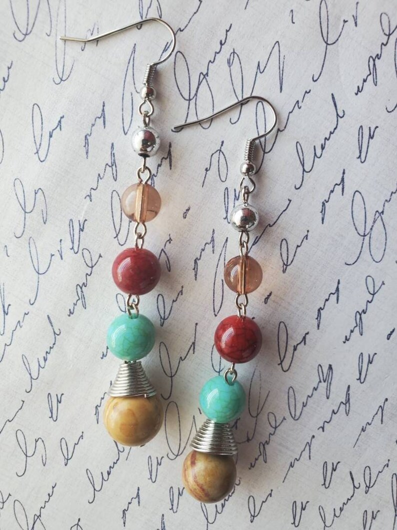 Bohemian Earrings Long Earrings Statement Earrings Gifts for Her Mixed Bead Earrings Wire Wrapped Agate Earrings Handmade Chakra Earrings