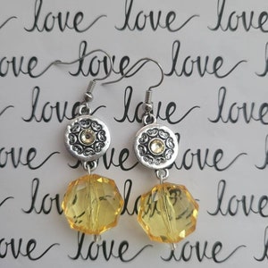 Yellow Drop Earrings, Love Earrings, Citrine Crystal Jewelry, Gifts for Her, Silver Heart Statement Earrings, Yellow Crystals, Geometric