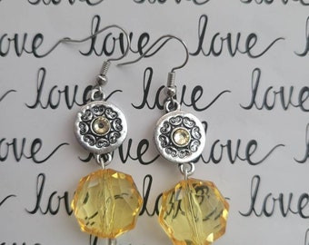 Yellow Drop Earrings, Love Earrings, Citrine Crystal Jewelry, Gifts for Her, Silver Heart Statement Earrings, Yellow Crystals, Geometric