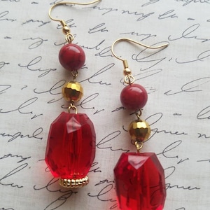 Boho Chic Red Dangle Earrings Gifts for Her Statement Earrings Gold Earrings Bling Earrings Lady in Red Handmade Gold Disco Ball Earrings