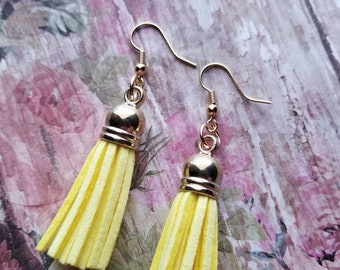 Suede Dangle Earrings, Boho Chic Yellow Tassel Earrings, Gifts for Her, Yellow and Gold Tassel Earrings, Cute Spring Jewelry, Easter Jewelry