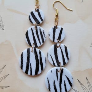 Faux Leather Zebra Drop Earrings, Circle Earrings, Gifts for Her, Statement Earrings, Wildlife Jewelry, Zebra Leather Jewelry
