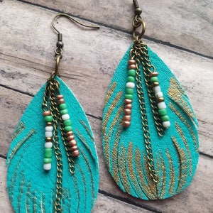 Large Feather Earrings Leather Earrings Teal Earrings Gifts for Her Statement Earrings Bronze Earrings Chain Earrings Trending