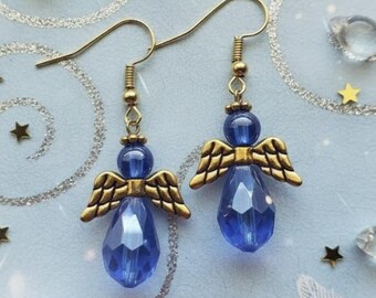 Blue Angel Earrings Drop Earrings Gifts for Her Statement Earrings Angel Wings Gold Earrings Angel Jewelry Religious Gifts Crystal Angel