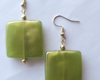 Green and Gold Square Earrings, Gifts for Her, Dainty Statement Earrings, Handmade, Bohemian, Cute Summer Jewelry