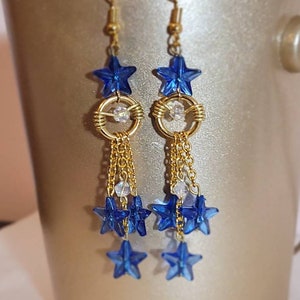 Star Earrings, Shooting Stars, Gold Hoop Earrings, Blue Statement Earrings, Gold Chain Earrings, Celestial Jewelry, Blue Stars, Wire Wrapped