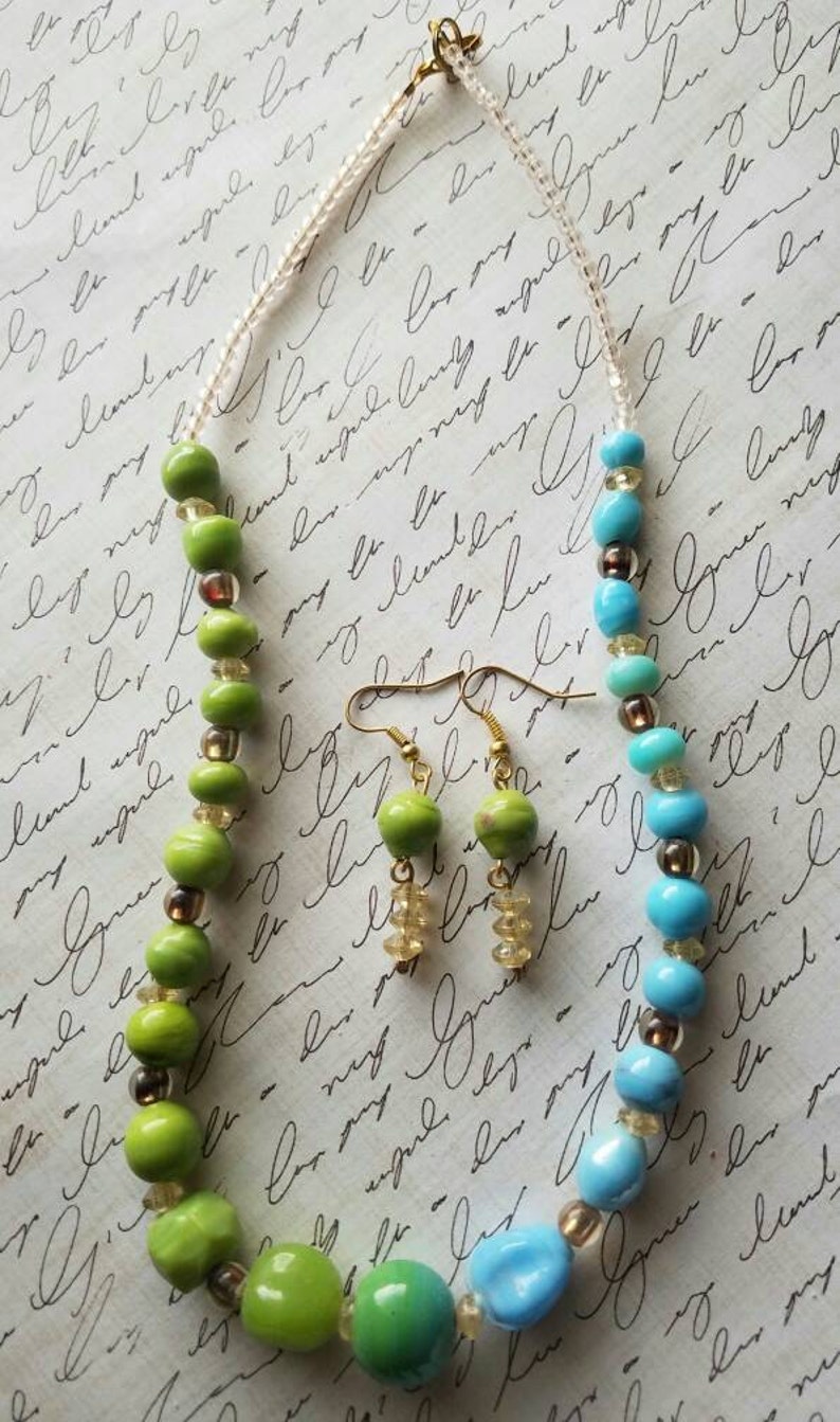 The Bluegrass State Necklace Set Blue and Green Necklace Set Gifts for Her Statement Necklace Handmade Necklace Small Dangle Earrings SALE