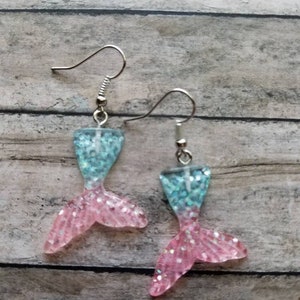 Mermaid Earrings, Glitter Mermaid Tail Drop Earrings, Gifts for Her, Under the Sea, Beach Inspired Jewelry, Mermaid Jewelry, Pink Earrings