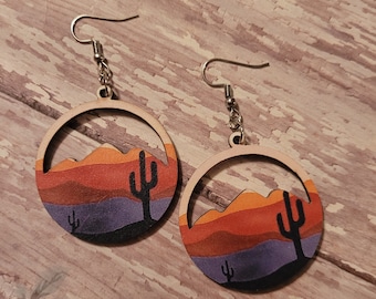 Circle Wood Earrings, Desert Sunset Earrings, Cactus Earrings, Mountain Jewelry, Colorful Drop Earrings, Gifts for Her, Cacti Statement Gift