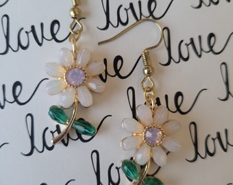 Opal Flower Earrings, Pink Crystal Earrings, Cute Gold Drop Statement Earrings, Gifts for Her, Emerald Crystals, Floral Jewelry, Flowergirl