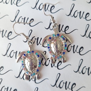 Crystal Turtle Earrings, Silver Turtle Jewelry, Sea Turtle Gifts, Colorful Crystal Drop Earrings, Figural Statement Earrings, Beach Inspired