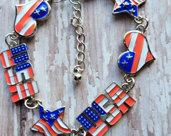 USA Bracelet Flag Bracelet Gifts for Her Statement Bracelet Patriotic Jewelry Silver Link Bracelet Heart Bracelet Flag Jewelry Star Bracelet