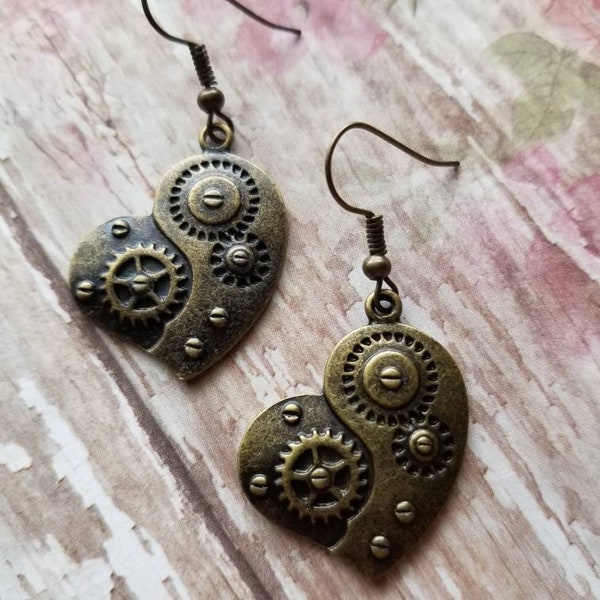 Steampunk Heart Earrings, Gifts for Her, Statement Earrings, Bronze Steampunk Jewelry, Boho Earrings, Dainty Earrings, Love Gifts