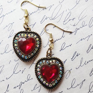 Crystal Heart Earrings, Gifts for Her, Statement Earrings, Ruby Heart Earrings, Valentines Jewelry, Love Earrings, Victorian Earrings Dainty