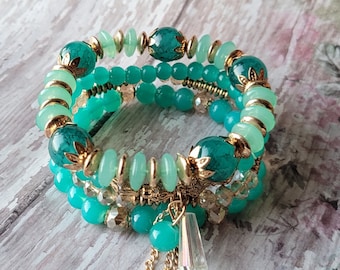 Teal Stackable Bracelet Set, Stacked Jewelry, Boho Gold Chain Bracelet, Crystal Bracelets, Gifts for Her, Gold Beaded Statement Bracelets