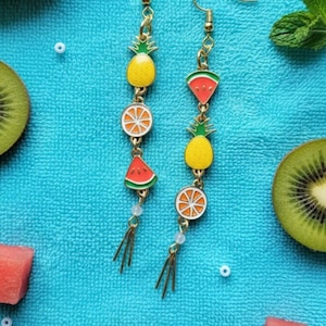 Long Fruit Dangle Earrings, Gifts for Her, Gold Spike Statement Earrings, Fruit Charms, Pineapple Orange Watermelon Charms, Triple Fruit