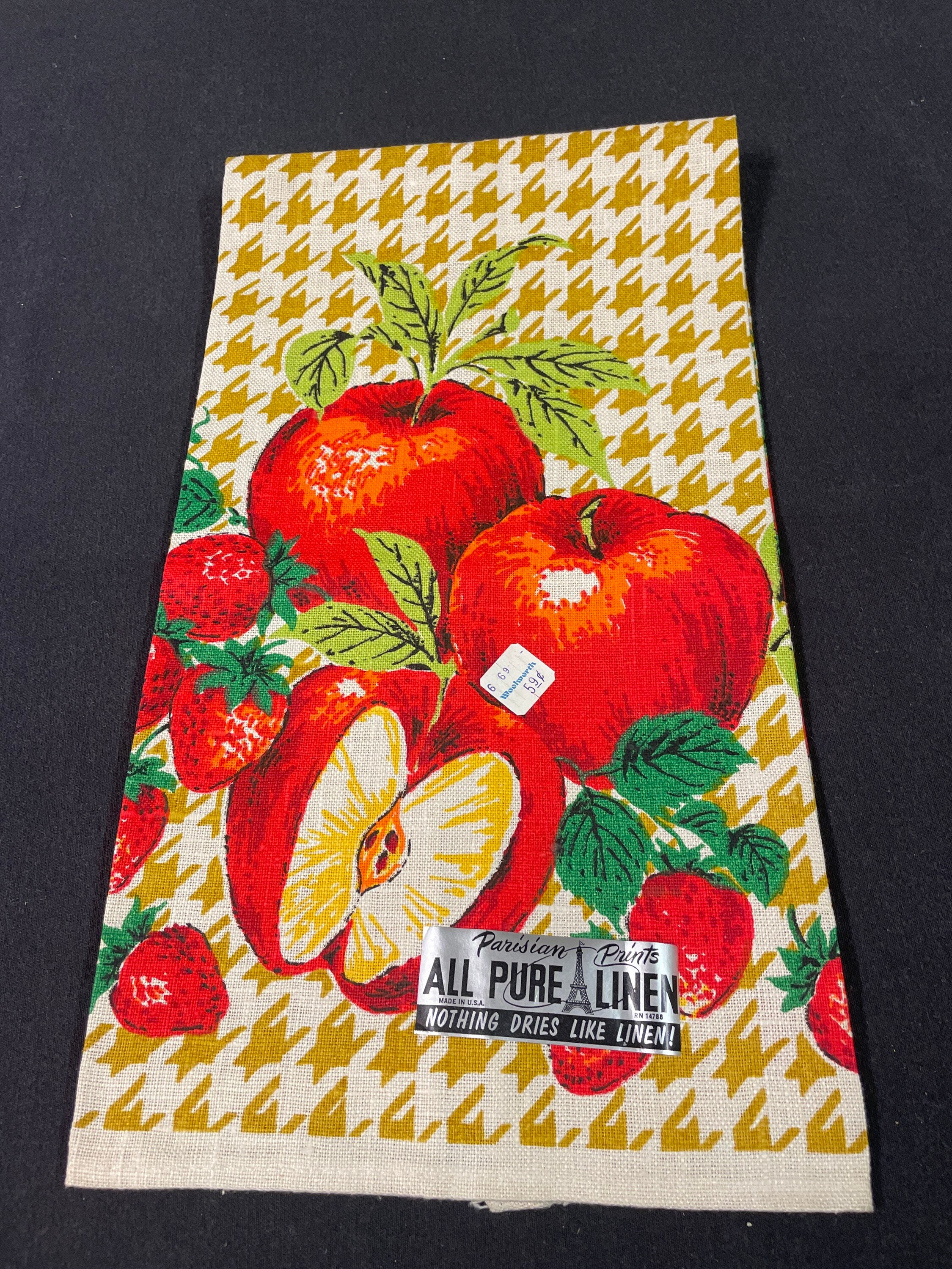 Parisian Prints Pure Linen Vintage Hand Towel Brightly Colored Apple Strawberry Graphic Towel ...