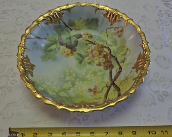 Antique Elite B & H Limoges Bowl Grapes and Vine Gold Gilt Signed Cabinet Bowl