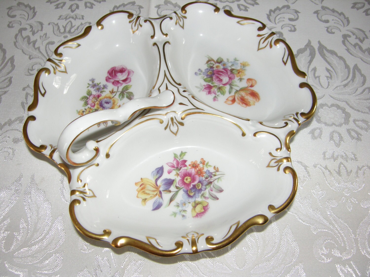 Hand Enameled Made in Germany JL MENAU Handled Flowers Decorated 3 Section Bowl