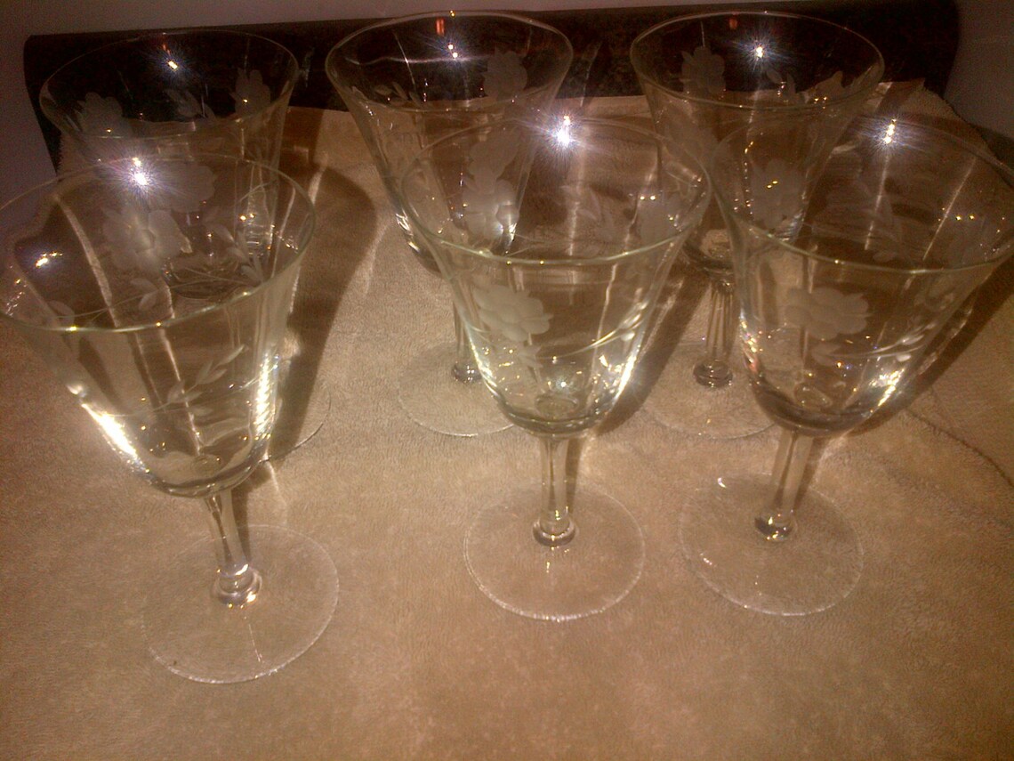 6 Etched Glass Fluted Wine Stem Glasses Flower Floral 5 1/2 mint Etsy