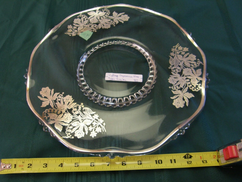 VINTAGE Sterling Silver Overlay Glass Cake Plate Serving Plater Daffodills Flowers Tray