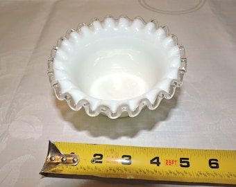 Fenton White Milk Glass Clear Ruffle Edge (Silvercrest) 5" Candy Nut Fruit Dish Bowl Ruffled
