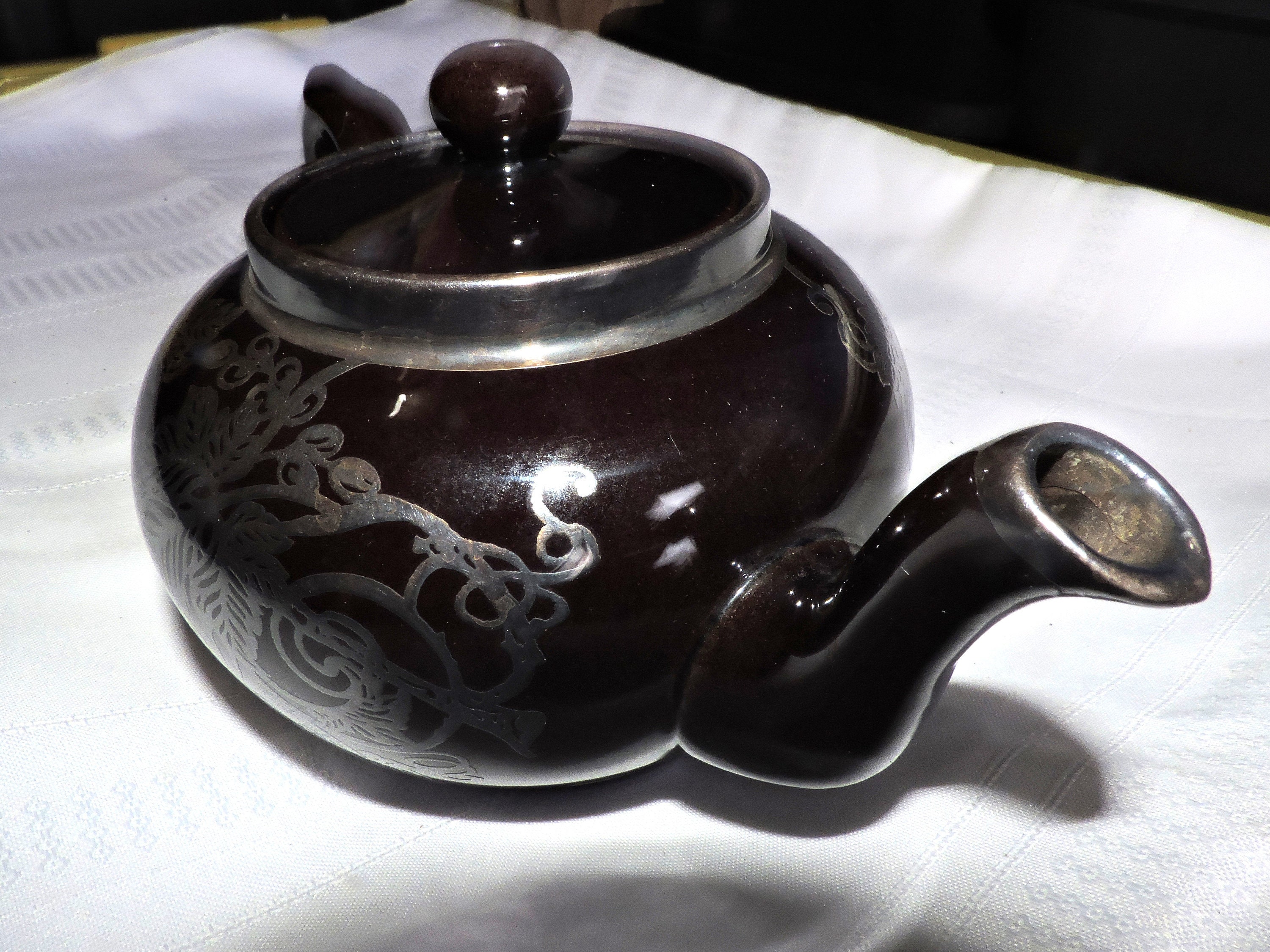 Antique Gibsons England Silver Inlay Brown Stoneware Redware Tea