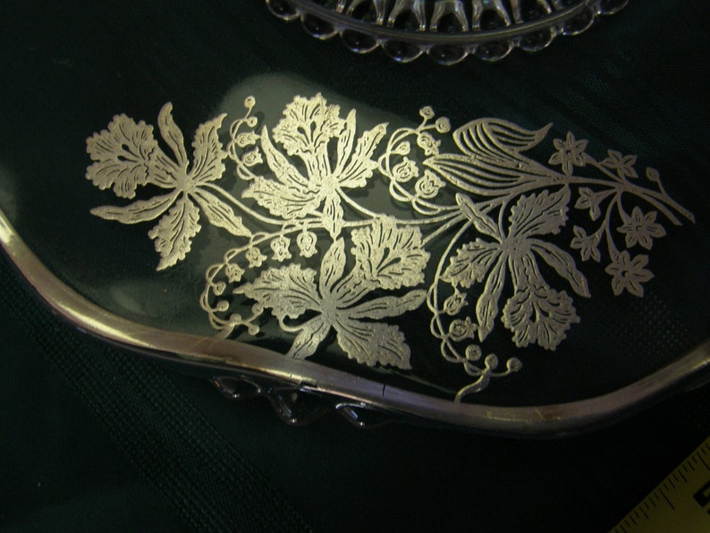 VINTAGE Sterling Silver Overlay Glass Cake Plate Serving Plater Daffodills Flowers Tray