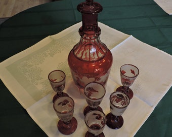 Vintage Cranberry Cut To Clear BOHEMIAN DECANTER and Cordials (6) Set