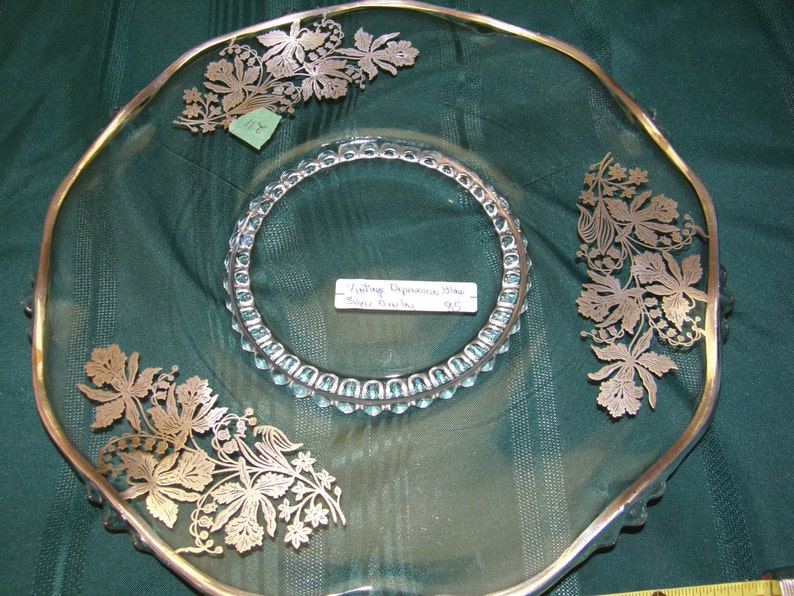 VINTAGE Sterling Silver Overlay Glass Cake Plate Serving Plater Daffodills Flowers Tray