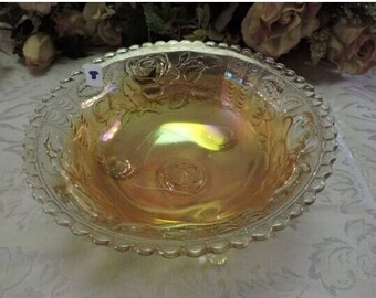 Clearance Center Imperial Marigold Carnival Glass Rose 3 Footed Nut Candy Bowl