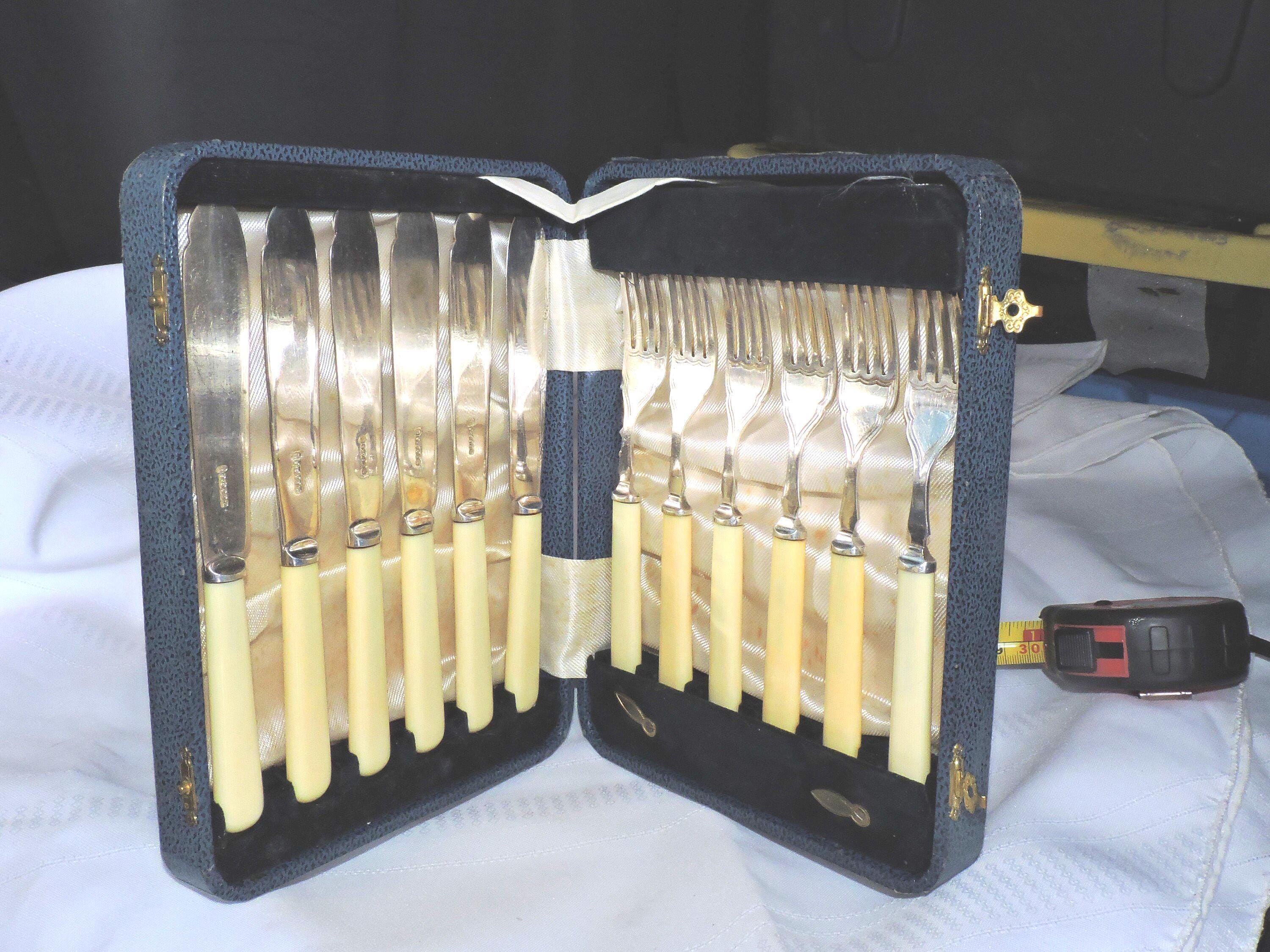 Harrison Fisher and Co Vintage Wooden Box Fish Knives and Forks Set with Sterling Silver Collars