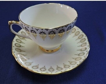 Clearance Center Royal Vale Ridgway Potteries England White W/ Gold Accents Tea Cup and Saucer