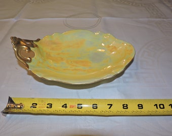 B&C Limoges France Yellow Luster Leaf Dish W/Gold Trim