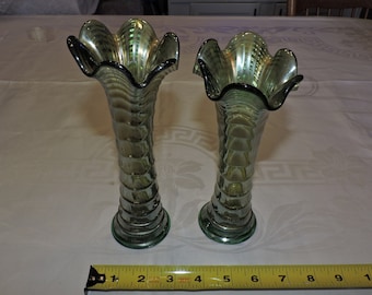 IMPERIAL Carnival Glass Ripple / Drapery Pattern Vases -- HELIOS GREEN, 1920's