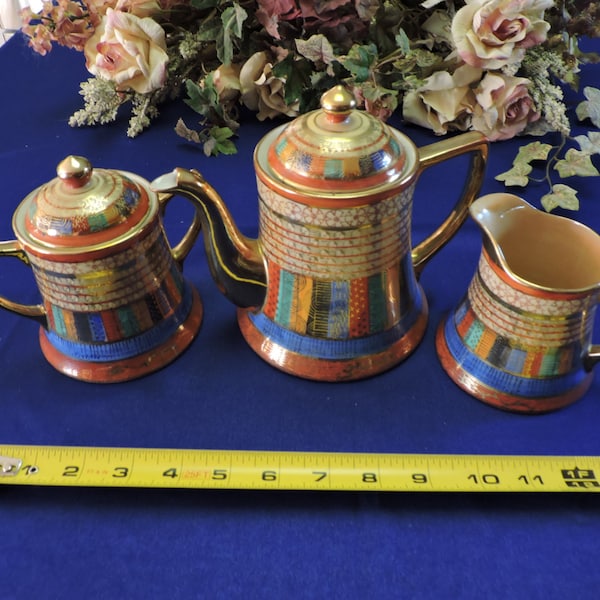 Antique TAKITO THOUSAND FACES China Tea Pot, Creamer and Sugar 1920s