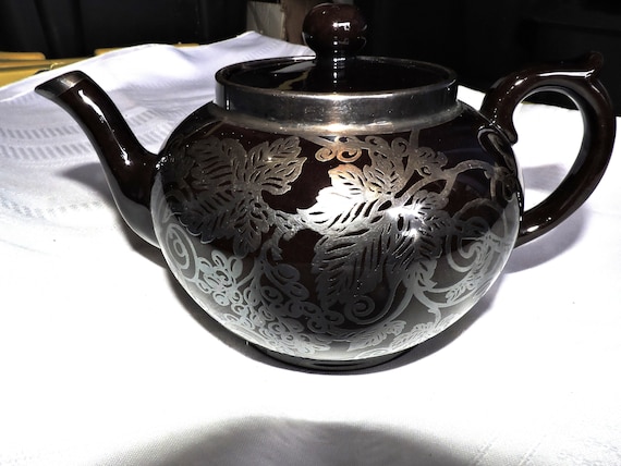 Antique Gibsons England Silver Inlay Brown Stoneware Redware Tea
