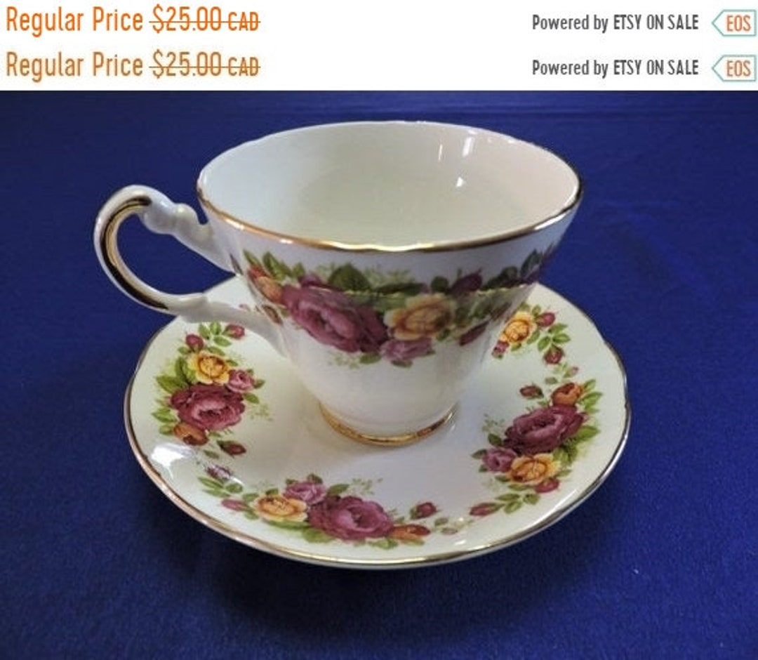 Clearance Center Argyle Bone China Tea Cup and Saucer Pink and Yellow
