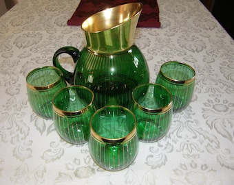 Retro Looking Green and Gold Trimmed Pitcher and Glass Set