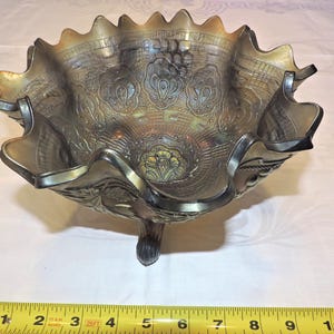 Electric Fenton Persian Medallion Carnival Glass Blue Fruit Bowl Grape & Cable